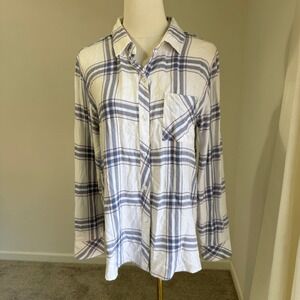 Rails $188 Hunter White Blush Blue Plaid‎ Button Down Shirt Women's Medium Cozy